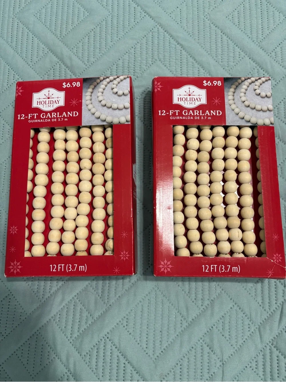 Holiday Time Lot of 2 Wood Bead Garland 12 ft Beige Wood Christmas Seasonal NWT